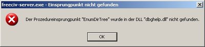 German for: freeciv-server.exe - Entry point not found. The procedure entry point EnumDirTree could not be located in the dynamic link library dbghelp.dll.
